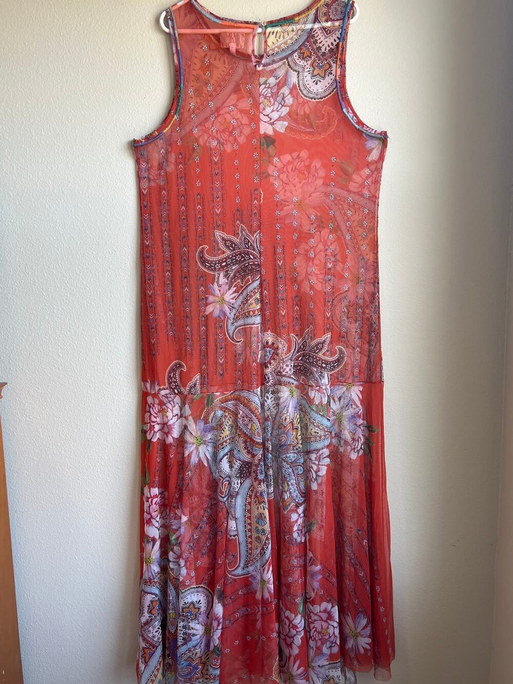 Johnny Was Orange Paisley Floral Sheer Nylon Mesh Overlay Maxi Dress Size XL